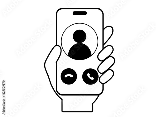 スマホ操作をする手のモノクロイラスト｜スマホ通話画面・電話を受けるアイコン