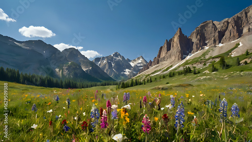 Colorful wildflowers blooming in a wide green valley beneath towering rocky mountains, clear blue sky above