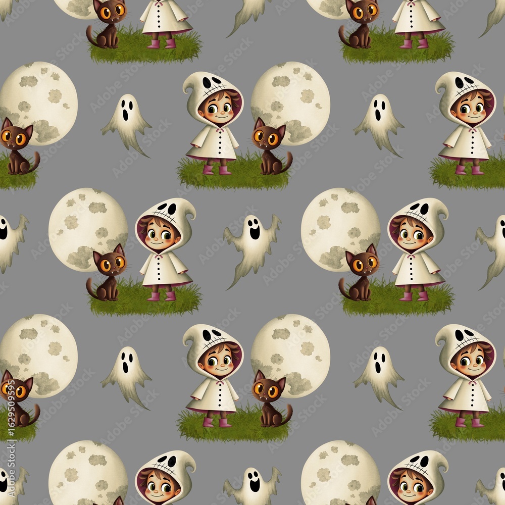 Naklejka premium Cute seamless pattern, a child in a ghost costume and pink boots, and a black cat with orange eyes against the background of a full moon.