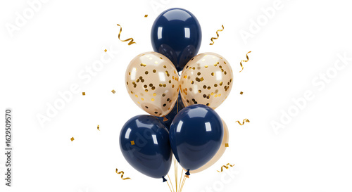 Blue and gold confetti balloons bouquet with golden streamers isolated on white background, perfect for celebrations and parties