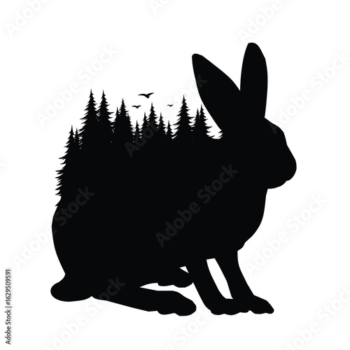 Wild hare silhouette with coniferous forest.
