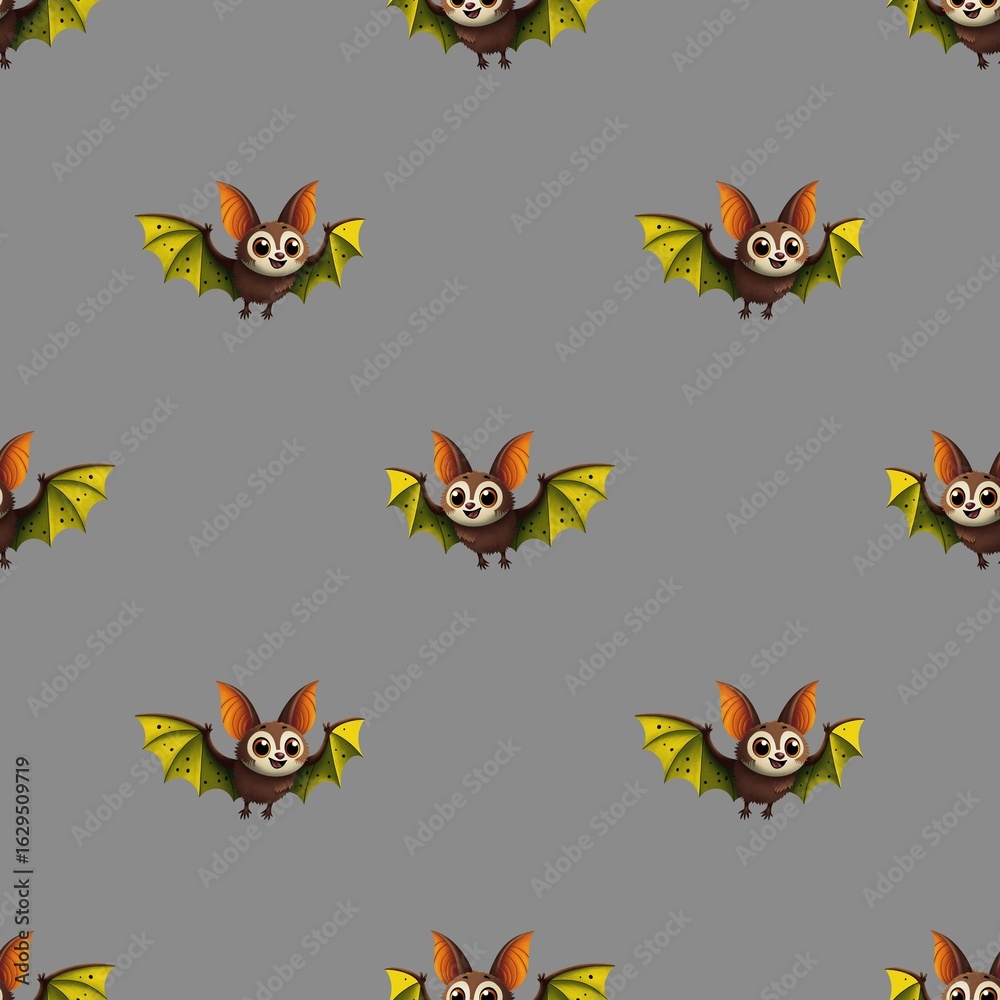 Fototapeta premium cute seamless pattern, colorful bat with green wings and big ears on gray background