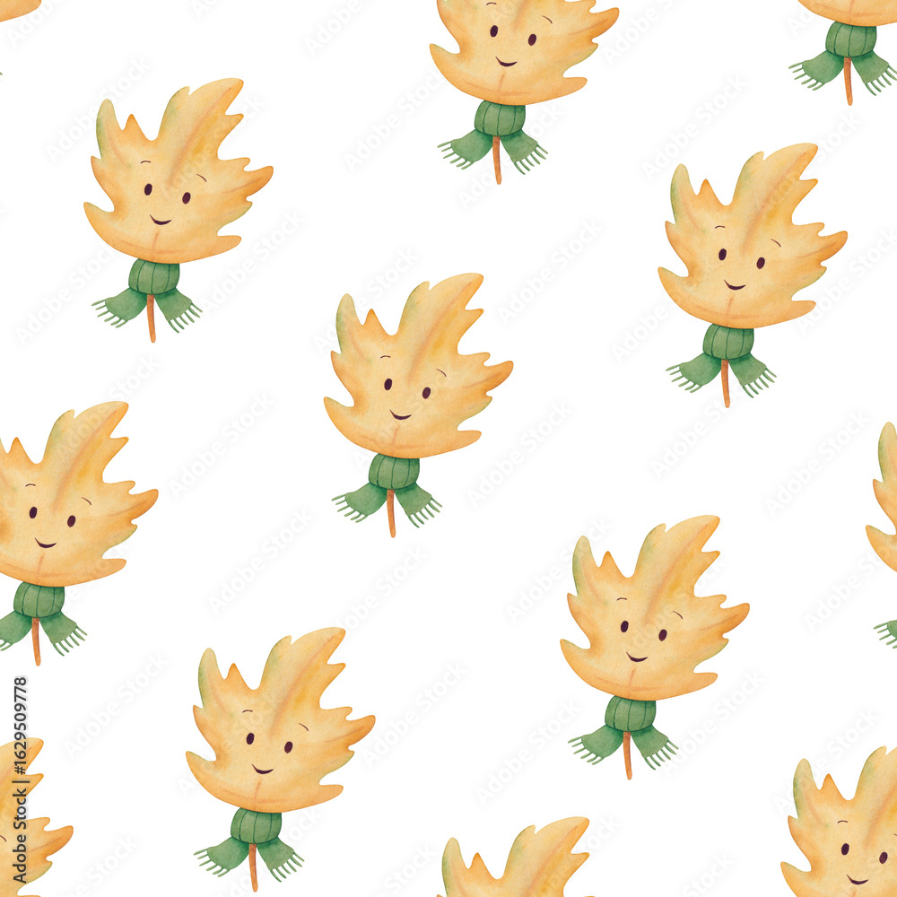 Fototapeta premium Seamless pattern with cute autumn leaf. Hand drawn watercolor cheerful forest plant in autumn yellow colour