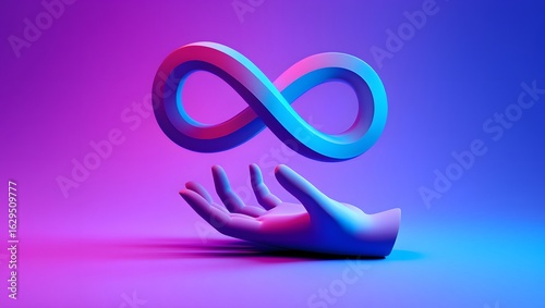 Infinity symbol concept with hand neon light abstract background illustration art