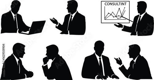 Business professionals collaborate and present in diverse meeting scenarios