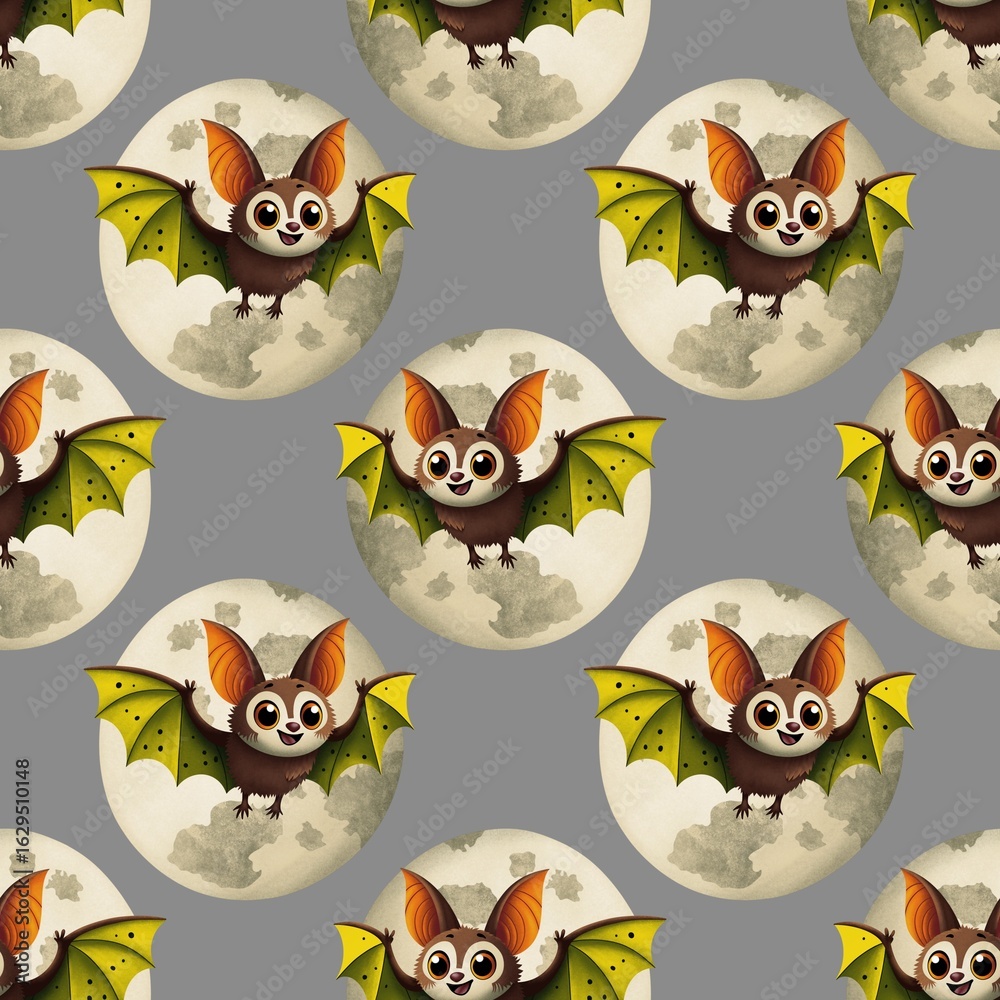 Fototapeta premium cute halloween seamless pattern, beautiful bat and moon on gray background
