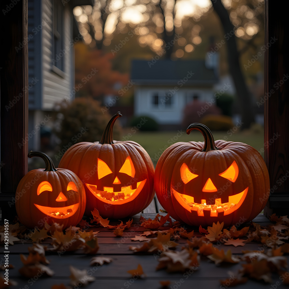 Fototapeta premium Three glowing jack-o'-lanterns sit on a porch surrounded by autumn leaves at dusk.