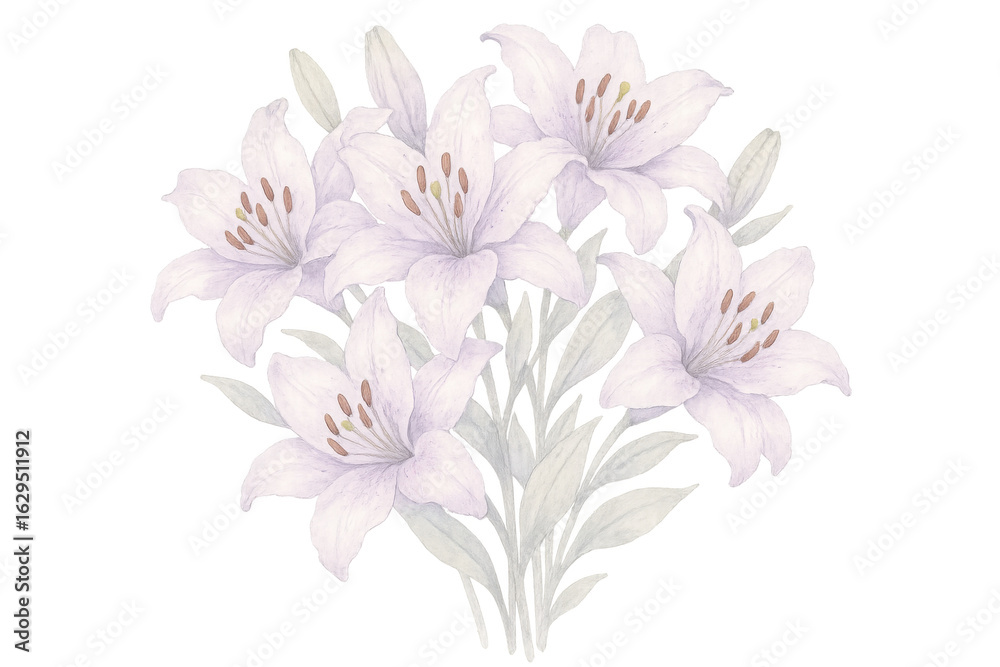 Obraz premium Watercolor painting featuring a bouquet of elegant white lilies, beautifully isolated against a transparent background for a serene effect