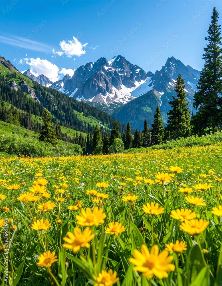 Fototapeta premium Vibrant yellow wildflowers bloom in a lush green meadow, set against a softly blurred mountain backdrop