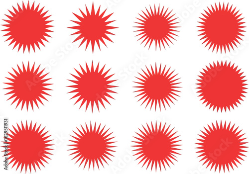 Vector art of a collection of twelve red starburst shapes isolated on a white background, representing energy and abstract design transparent background