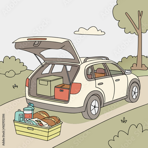 Suv car trunk packed for family picnic in nature outdoor adventure travel vacation getaway road trip journey