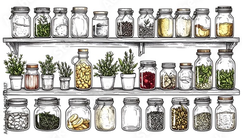 Illustration of pantry shelves showcasing jars filled with herbs, spices, and grains
