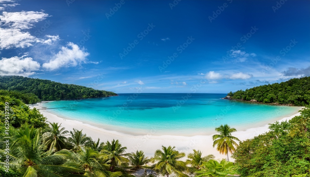 a perfect summer retreat white sand curving around a vibrant turquoise bay framed by lush palm trees a perfect summer retreat white sand curving around a vibrant turquoise bay framed by lush palm trees