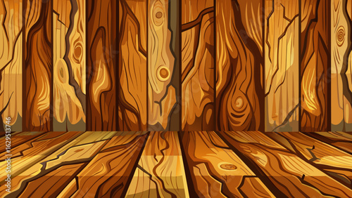 A seamless wood texture background of bark wood shows authentic wood planks texture. Warm hues and layered grains evoke a cozy, natural feeling perfect for semi-realistic vector-style artistic renderi