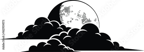 A captivating monochrome illustration showcases a textured moon partially obscured by stylized, dark clouds, creating a celestial and slightly mysterious atmosphere.