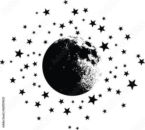 A celestial design showcases a detailed moon surrounded by a scattering of stars, creating a dreamy, cosmic atmosphere perfect for space and astronomy themes.