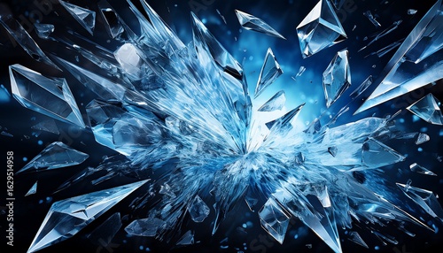 vibrant 2d illustration of shattered glass with explosive ice effect