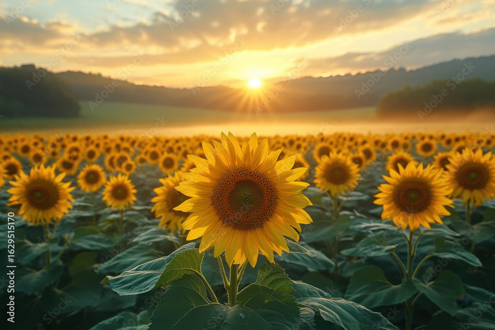 Fototapeta premium Sunflowers in a field at sunset.