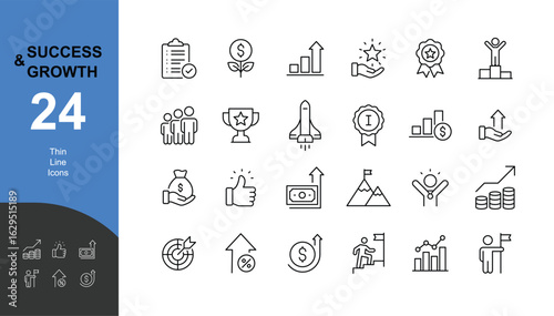 Success and growth icon set. Outline style. Personal, professional, and financial progress symbols. Career, business development, achievement. Thin line symbol.