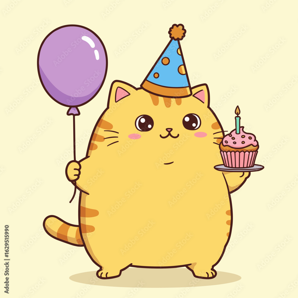 Fototapeta premium A cheerful yellow cat with orange stripes, wearing a blue polka-dot party hat, holds a purple balloon and a cupcake with a lit candle—radiating birthday joy against a soft cream backdrop.