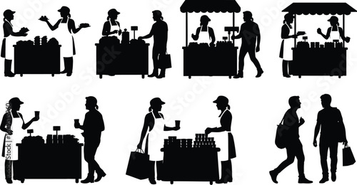 Vendors serve customers at market stalls, showcasing community shopping