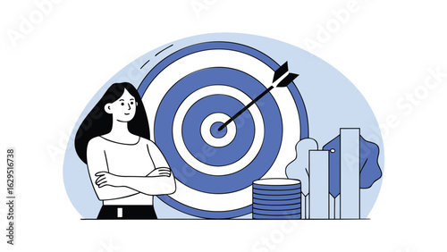 Woman standing with arms crossed in front of target with arrow and financial growth chart behind