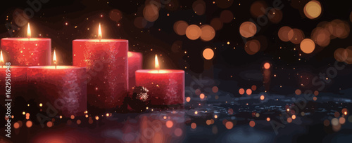 Three lit candles on a table with pine cones and gold and red balls. The scene is festive and warm, with the candles providing a cozy atmosphere