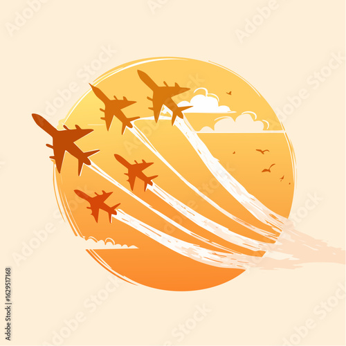 Silhouette of airforce jets flying in formation during sunset, leaving smoke trails behind