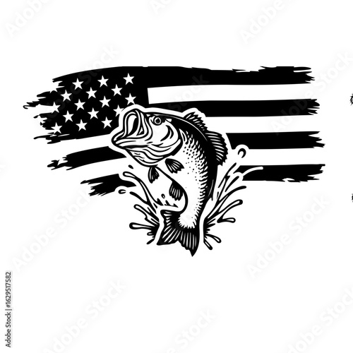 Vector illustration of bass fish on American flag