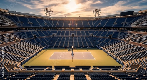 Spectacular overhead view of Arthur Ashe Stadium during golden hour sunlight