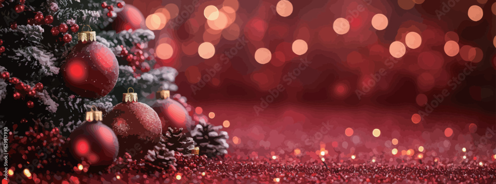 Christmas red background with Christmas tree decorations and bokeh lights