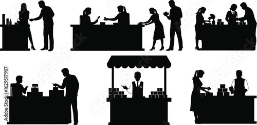 Diverse people engaging in transactions at retail counters and stalls