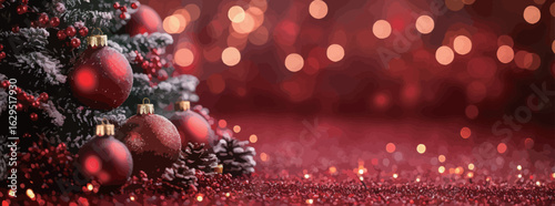 Christmas red background with Christmas tree decorations and bokeh lights