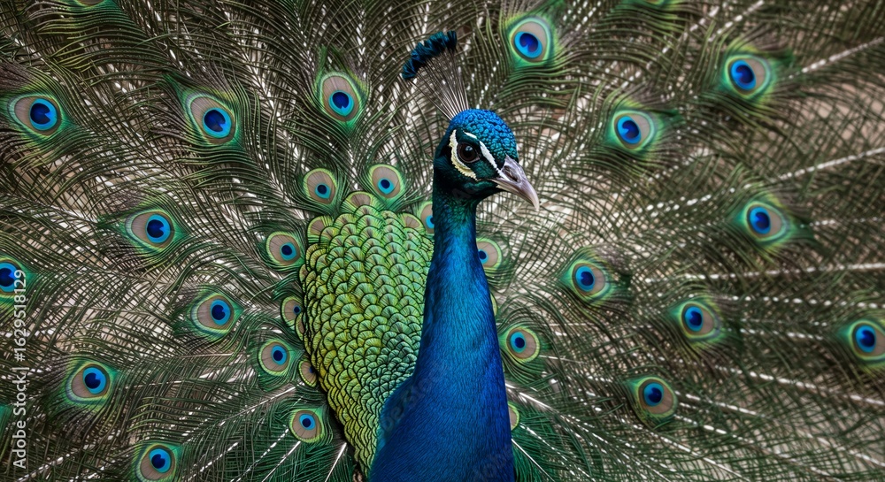 Fototapeta premium A vibrant Indian peafowl displays its iridescent tail feathers, showcasing intricate patterns and brilliant colors.