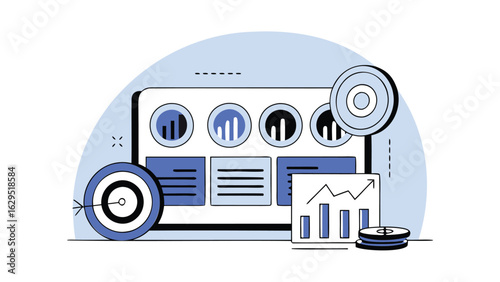 Illustration of a dashboard with charts graphs and targets representing business analytics and performance