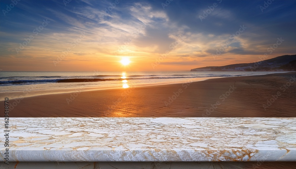Obraz premium tranquil coastal seascape with travertine table during sunset at the beach