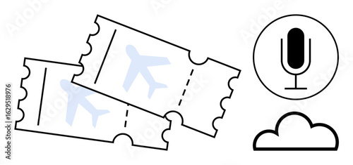 Two airplane tickets with flight graphics and a microphone within a cloud outline. Ideal for travel booking, voice technology, AI, cloud computing, podcasting, aviation, simple landing page