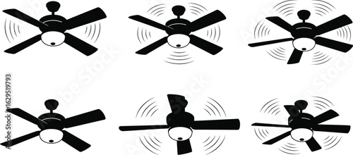 Six black ceiling fans with lights in motion