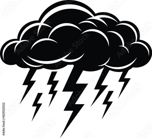 A stylized black cloud with lightning bolts evokes a sense of stormy weather and dramatic skies, perfect for weather forecasts or graphic design projects.