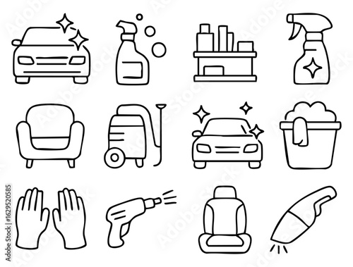 Car Cleaning and Detailing Line Icon Set – Vacuum, Spray Bottle, Car Seat, Polishing Tools, and Wash Equipment in Editable Stroke Style on White Background