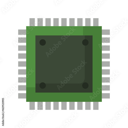 Vector illustration of a green square microchip with gray pins.