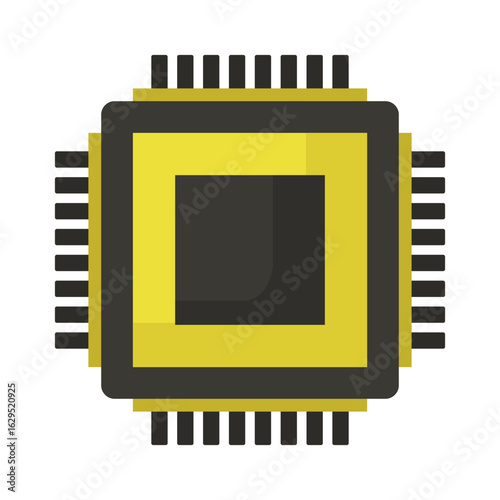 Vector illustration of a yellow microchip with dark pins and inner core.