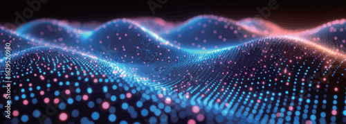 A blue and pink wave with many dots. The dots are scattered all over the wave. The wave is very colorful and has a lot of detail