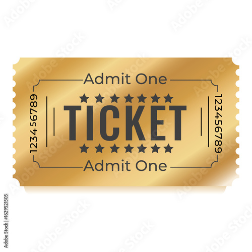 Golden ticket design template, admit one, vector illustration, premium ticket. Tickets for a cinema, movie, concert, event, festival, and others. 