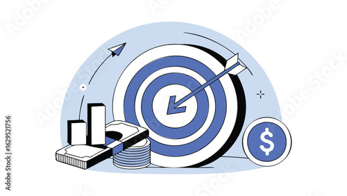 Illustration of a target with an arrow hitting the bullseye next to money and a rising graph