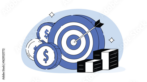 Illustration of a target with arrow, dollar coins, and stacks of money in blue and black colors