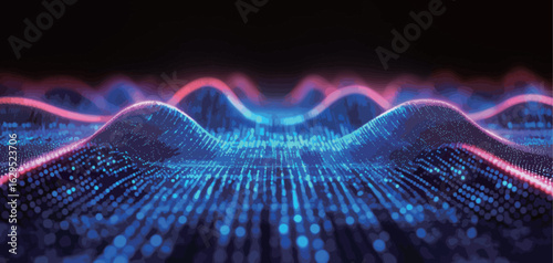 A blue and red wave pattern with a lot of dots. The image has a futuristic feel to it