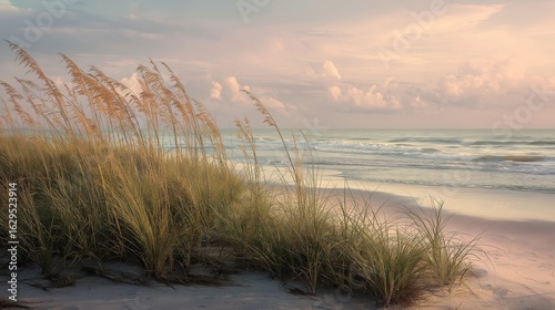 Fototapeta Naklejka Na Ścianę i Meble -  Calm coastal shoreline with sea oats swaying, soft pastel sky, gentle waves lapping peaceful atmosphere