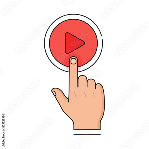 A line art illustration of a hand with an index finger pressing a red play button.