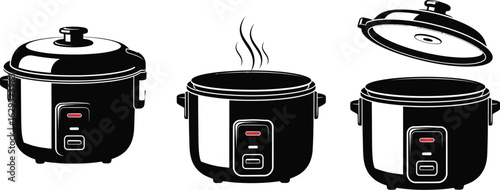 Modern rice cooker with steam, open lid for cooking convenience